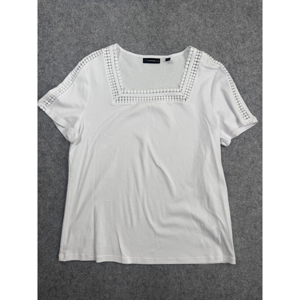 Rafaella White Square Neck Top L Blouse Short Sleeve Crochet Lace Trim Solid